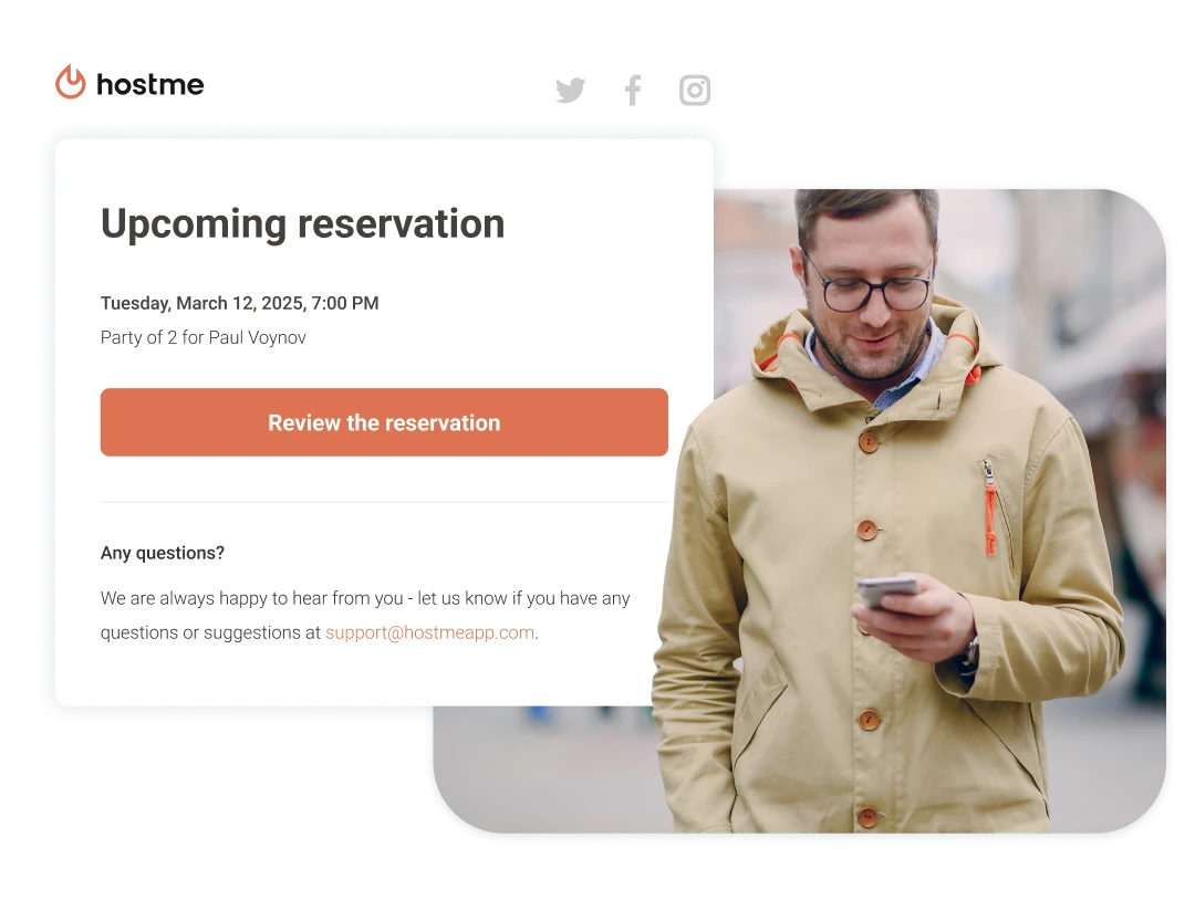 A Hostme reservation reminder next to a guest using a smartphone.