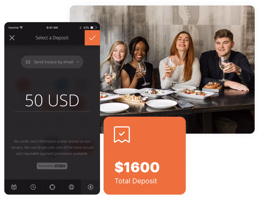 Friends dining next to the Hostme interface showing deposit and cancellation fees.
